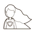 Black thick contour caricature faceless half body super hero woman with wavy long hair