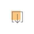 Black thin arrow down in outline square with orange spot. line icon. download sign. Royalty Free Stock Photo