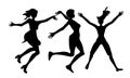 black thin, hands up silhouettes of jumping women with different hairstyles set of vector people isolated on white Royalty Free Stock Photo