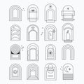 Black thin line assorted isolated round arches frames icons set with stars design elements on white Royalty Free Stock Photo