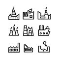 Factory icon set. Vector industrial buildings pictograms. Black silhouettes of manufacturing objects isolated on white Royalty Free Stock Photo