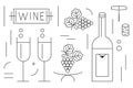 Black thin line WINE bottle, glasses, banner, and grapes icons set on white background