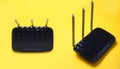 Black Three-antenna wi-fi router Royalty Free Stock Photo