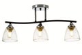 Black three-lamp ceiling lamp with chrome base and bell-shaped transparent glass shades