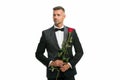 Black tie dress code for evening events. tuxedo man with rose flower. happy valentines day. special occasion. male