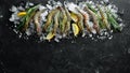 Black tiger prawns with lemon on ice. Seafood.Free copy space Royalty Free Stock Photo
