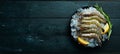 black tiger prawns with lemon on ice. Seafood. Royalty Free Stock Photo