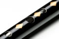A black tin whistle lying on a white reflective surface