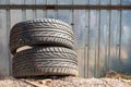 Black tires that are no longer used.Automobile wheel. Rubber tires. Summer rubber set for the car. Wheel tread pattern Royalty Free Stock Photo