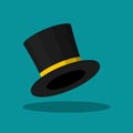 Black Top Hat isolated on blue background. Cylinder gentleman hat, broad-brimmed magic hat with yellow ribbon. Stylish