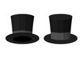 Black Top Hat isolated on white background. Cylinder gentleman hat, broad-brimmed magic hat with grey ribbon. Stylish