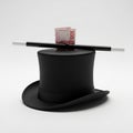 Black Top Hat with Magic Wand and Banknotes on White Background magician black hat Royalty Free Stock Photo