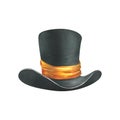 Black top hat with orange satin ribbon. Watercolor illustration, hand drawn. Isolated element on a white background Royalty Free Stock Photo