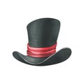 Black top hat with red satin ribbon. Watercolor illustration, hand drawn. Isolated element on a white background. Royalty Free Stock Photo