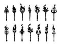 Black torch icons. Medieval burning fire blaze silhouettes, fiery flaming stick icons, liberty achievement championship