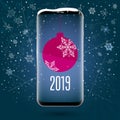 Black touchscreen smartphone with a picture of the Christmas ball. Christmas application. New Year. 2019. Vector Image. Snow