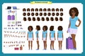 Black Tourist female, vacation traveller character creation set. Full length, views, emotions, gestures, tan skin tones,