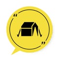 Black Tourist tent icon isolated on white background. Camping symbol. Yellow speech bubble symbol. Vector