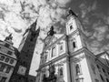 Black Tower and The Church of Virgin Mary`s Immaculate Conception and St. Ignatus in Klatovy, Czech Republic. Black and