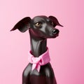 A black toy dog with a pink scarf on a pink background