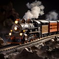 Black Toy Steam Train On Tracks: Realistic Still Life With Dramatic Lighting