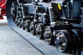 A close up of modern rubber tractor tracks Royalty Free Stock Photo