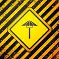 Black Traditional Japanese umbrella from the sun icon isolated on yellow background. Warning sign. Vector Royalty Free Stock Photo