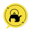 Black Traditional tea ceremony icon isolated on white background. Teapot with cup. Yellow speech bubble symbol. Vector