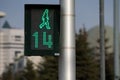 Black traffic light located within the city limits shows a green permissive signal for crosswalk traffic. The time timer