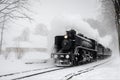 black train in heavy winter storm