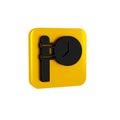 Black Train station clock icon isolated on transparent background. Yellow square button.