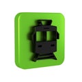 Black Tram and railway icon isolated on transparent background. Public transportation symbol. Green square button.