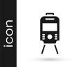 Black Tram and railway icon isolated on white background. Public transportation symbol. Vector