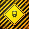 Black Tram and railway icon isolated on yellow background. Public transportation symbol. Warning sign. Vector