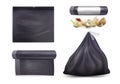 Black trash bag mockup set, vector isolated illustration. Kitchen food waste bags, bin liners.