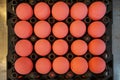 Black trays full of sweet pink color preserved chicken eggs rows pattern selling in local market, top view selective focus