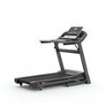 A black treadmill featuring a digital console with multiple buttons and a small screen is