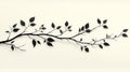 Black tree branch with leaves on white background, minimalistic natural decor. Art and nature concept