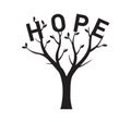 Black Tree with Leaves and text HOPE. Vector outline Illustration. Plant in Garden