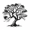 Black Tree Silhouette Isolated, Old Style Ink Drawing Icon, Tree Sketch, Woodcut or Engraving