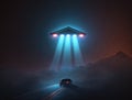 Black triangle UFO with neon lights above car on road, unidentified flying object triangle shape
