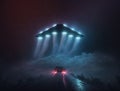 Black triangle UFO with neon lights above car on road, unidentified flying object triangle shape