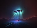 Black triangle UFO with neon lights above car on road, unidentified flying object triangle shape