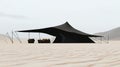 Black triangular tent structure set on a sandy desert landscape with distant dunes Royalty Free Stock Photo