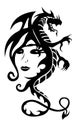 Black tribal dragon tattoo and woman face on white background