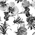 Black Tropical Foliage. White Exotic Jungle. Hibiscus Textile. Seamless Garden. Pattern Jungle. Watercolor Decor. Summer Leaves. F Royalty Free Stock Photo