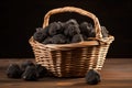 Black truffles mushrooms in basket on table