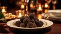 Black truffles on the plate. Generative AI