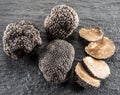 Black truffles and truffle slices. Royalty Free Stock Photo