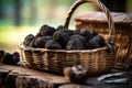 Black Truffles In Wicker Basket, Rustic. Generative AI